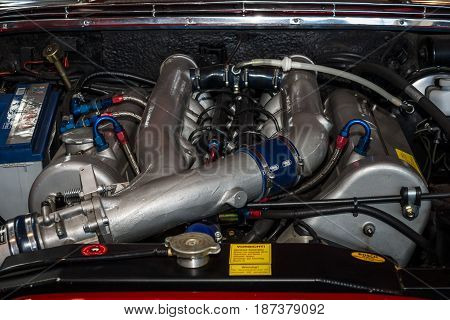 STUTTGART GERMANY - MARCH 04 2017: Engine of full-size luxury car Mercedes-Benz 300SEL 6.3 1970. Close-up. Europe's greatest classic car exhibition 