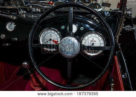 STUTTGART GERMANY - MARCH 04 2017: Interior of the sports car Suffolk SS100 (replica of the Jaguar SS 100) 1992. Europe's greatest classic car exhibition 