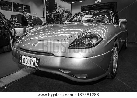 STUTTGART GERMANY - MARCH 04 2017: Roadster Fiat Barchetta 1999. Black and white. Europe's greatest classic car exhibition 