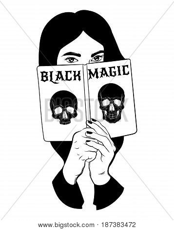 Vector hand drawn illustration of young woman with a book. Hand sketched artwork with human skulls. Template for card poster banner print for t-shirt.