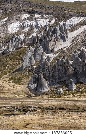 Valley With Rock Formations At Salinas Y Aguada Blanca National Reserve, Protected Area Located In T