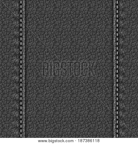 Realistic leather texture with two seams. Dark leather background with stitches. Vector illustration