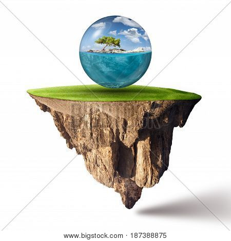 Fantasy island with green field isolated on white and beautiful underwater view of lone spherical island above.