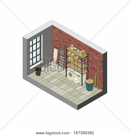 Storeroom in isometric view. Vector illustration of utility room.