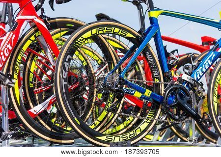 Alghero Italy - May 05 2017: Wilier Triestina team bikes on 100th Giro d'Italia opening day
