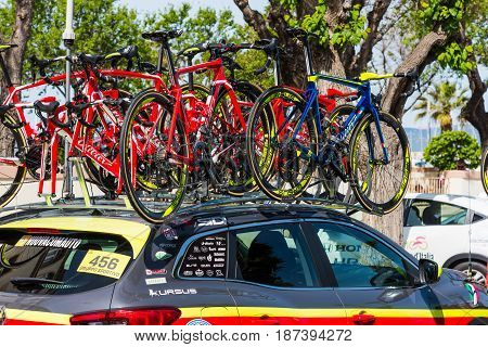 Alghero Italy - May 05 2017: Wilier Triestina team car with bikes