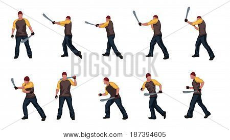 illustration of set man with machete in different poses isolated on white background