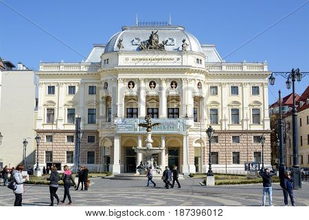 Bratislava, Slovakia - MARCH 8, 2017: National theatre in Hviezdoslav square in the old town of Bratislava, Slovakia