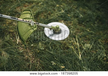 Gasoline Trimmer Head On Green Grass. Round Trimmer Blade.
