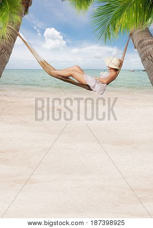 view of nice young lady chilling  in hummock on tropical beach. banner.
