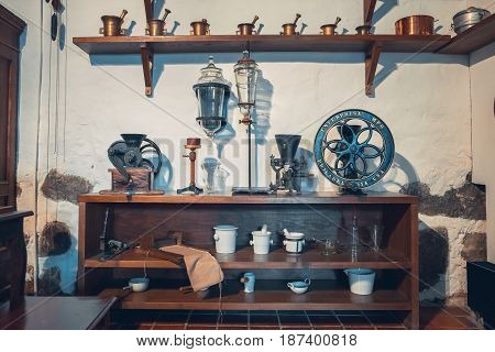 Kaunas, Lithuania - May 12, 2017: Shelfs With Retro Apothecary Equipment In Museum Of The History Of