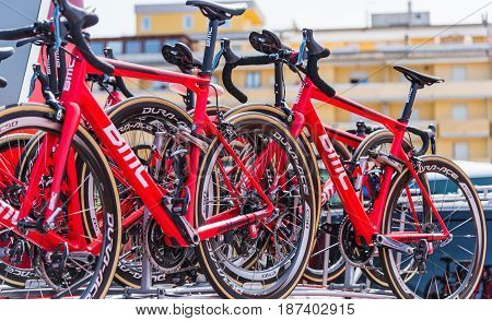 Alghero Italy - May 05 2017: BMC Racing Team bikes on 100th Giro d'Italia opening day