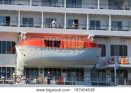 Velsen the Netherlands - May 20th 2017: MS Prinsendam detail of lifeboat