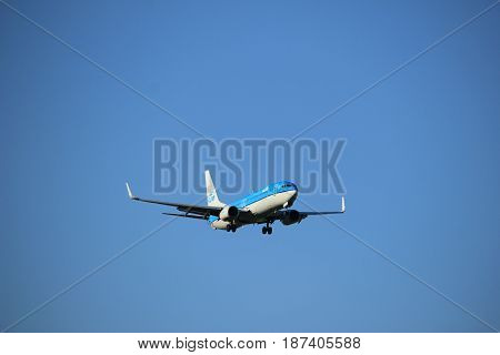 Amsterdam the Netherlands - May 20th 2017: PH-BCE KLM Royal Dutch Airlines Boeing 737 approaching Schiphol Polderbaan runway