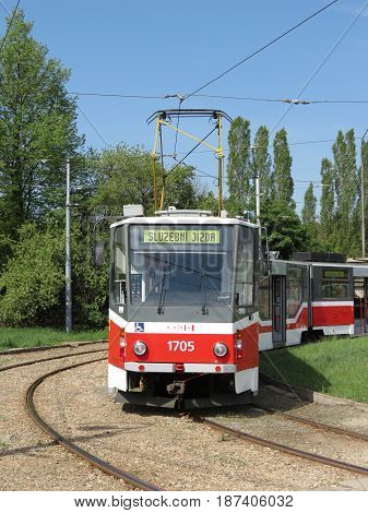 BRNO CZECH REPUBLIC - CIRCA MAY 2012: Skoda 03 T tram parked at the end of the line