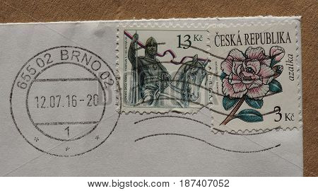 PRAGUE CZECH REPUBLIC - CIRCA JANUARY 2017: a stamp printed by Czech Republic bearing the portrait of St Vaclav king and azalea flower (azalka)