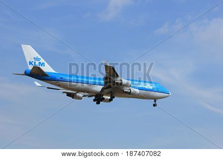 Amsterdam the Netherlands - July 21st 2016: PH-BFD KLM Royal Dutch Airlines Boeing 747-406 approaching Polderbaan runway at Schiphol Amsterdam Airport arriving from Los Angeles United States of America
