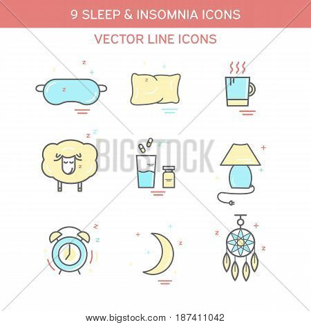 Sleep problems and insomnia symbols. Color icon set in line style.