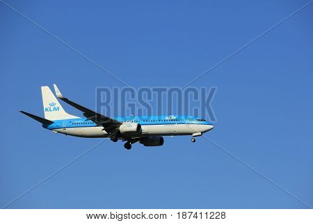 Amsterdam the Netherlands - May 20th 2017: PH-BCA KLM Royal Dutch Airlines Boeing 737 approaching Schiphol Polderbaan runway