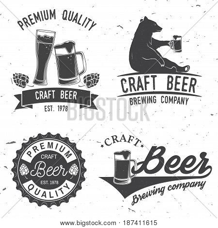 Set of Craft Beer badges with hops and bear. Vector illustration. Vintage design for bar, pub and restaurant business. Coaster for beer.