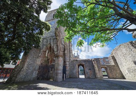 Holyrood church ruins in central Southampton. Built in 1320, the church was destroyed by enemy bombing during the blitz in November 1940.