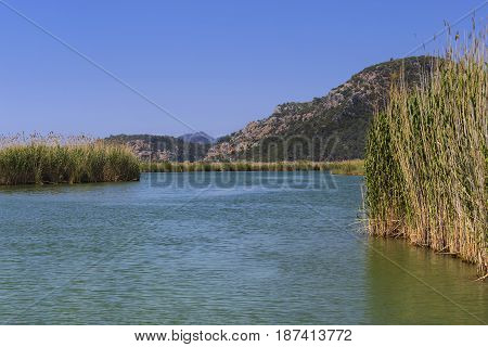 TURKEY, MUGLA ,DALYAN, - 5 MAY , 2017: The Dalyan River with tourist boats in the straits of the river
