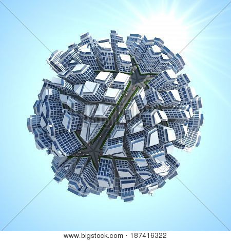 Planet 3D City with background and sun