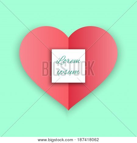 Red Heart Paper Sticker With Shadow Valentine day vector illustration Postcard. Soft background.