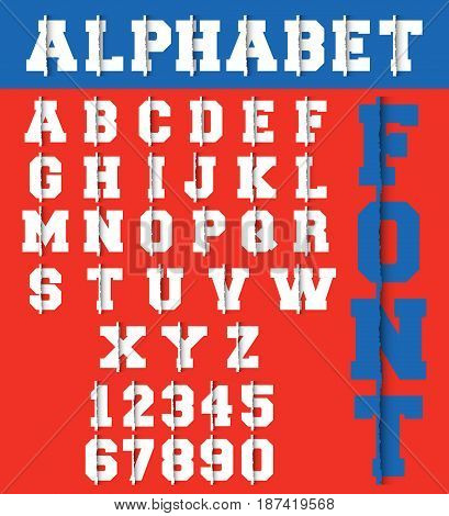 Alphabet font template. Letters and numbers ripped paper design. Vector illustration.