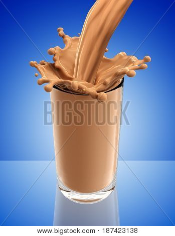 Splash of chocolate milk from the glass .Blue background. 3d rendering