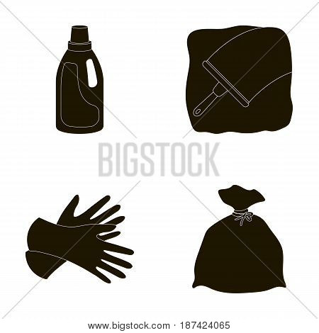 Gel for washing in a pink bottle, yellow gloves for cleaning, a brush for glass, a black bag for garbage or waste. Cleaning set collection icons in black style vector symbol stock illustration .