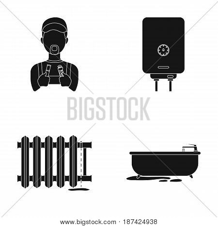 Plumber, boiler and other equipment.Plumbing set collection icons in black style vector symbol stock illustration .
