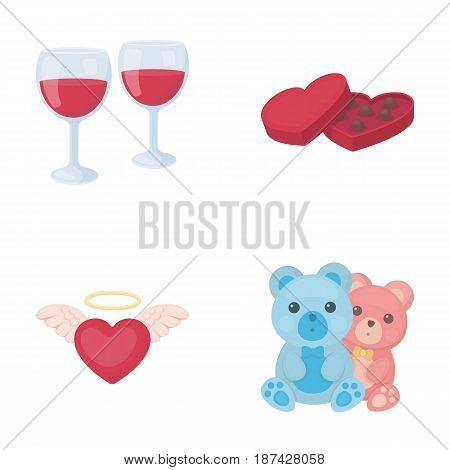 Glasses with wine, chocolate hearts, bears, valentine.Romantik set collection icons in cartoon style vector symbol stock illustration .