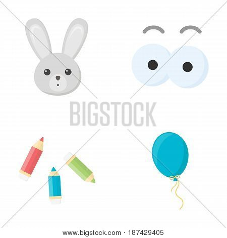 Rabbit with long ears, colored pencils for drawing, blue air balloon, eye toys with eyebrows. Toys set collection icons in cartoon style vector symbol stock illustration .