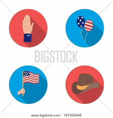 Balloons, national flag, cowboy hat, palm hand.Patriot day set collection icons in flat style vector symbol stock illustration .