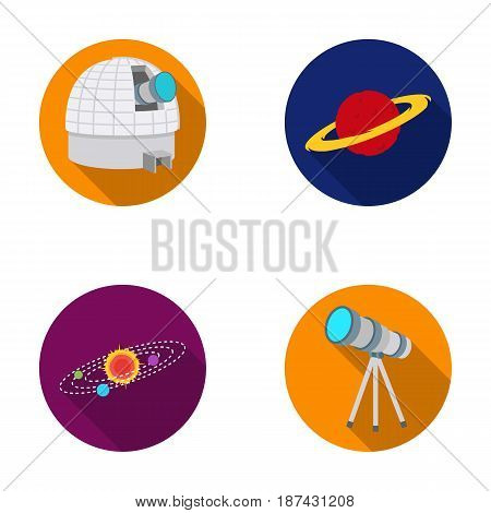 Observatory with radio telescope, planet Mars, Solar system with orbits of planets, telescope on tripod. Space set collection icons in flat style vector symbol stock illustration