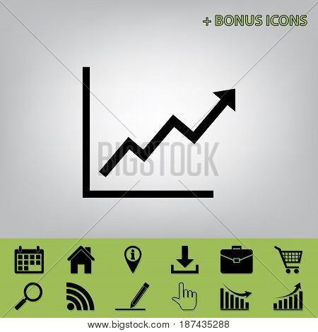 Growing bars graphic sign. Vector. Black icon at gray background with bonus icons at celery ones