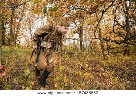 Dyatlovichi, Belarus - October 2, 2016: Reenactor Dressed As Russian Soviet Red Army Soldier Of World War II Hidden Running With Sub-machine Gun PPS-43 In Autumn Forest At Historical Reenactment