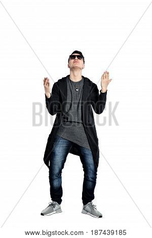 Casual young man wearing sunglasses, hands up, bent backwords, happy, positive attitude, full lenght, isolated on white