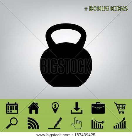 Fitness Dumbbell sign. Vector. Black icon at gray background with bonus icons at celery ones