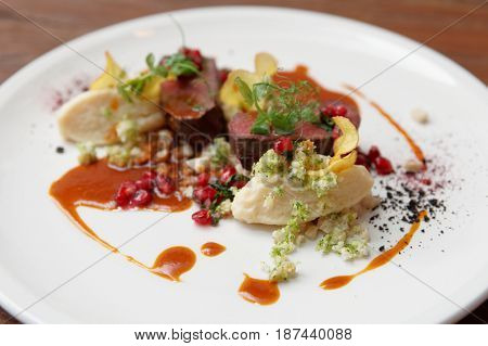Venison fillet and potato puree, gourmet dish