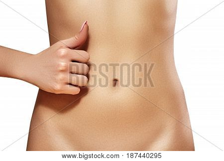 Beautiful female belly. Pretty woman cares for the stomach. Healthcare digestion intestinal health. Wellness. Body part