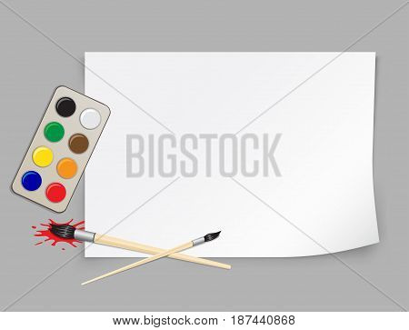 Paper template brush and palette of colors to educatoin drawing with shadow on gray background