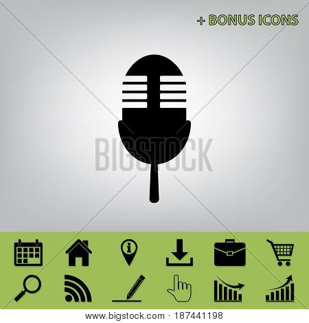 Retro microphone sign. Vector. Black icon at gray background with bonus icons at celery ones