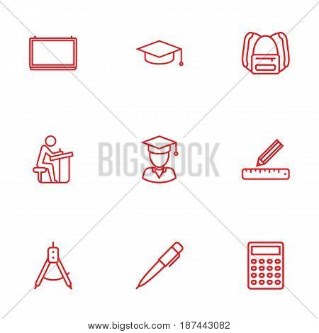 Set Of 9 Science Outline Icons Set.Collection Of School Board, Compass, Backpack And Other Elements.