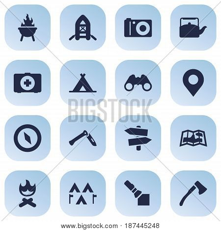 Set Of 16 Picnic Icons Set.Collection Of Jackknife, Optical Zoom, Camp And Other Elements.