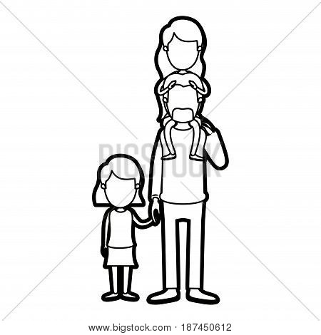 caricature thick contour faceless dad with daugther on his back and girl taken hands vector illustration