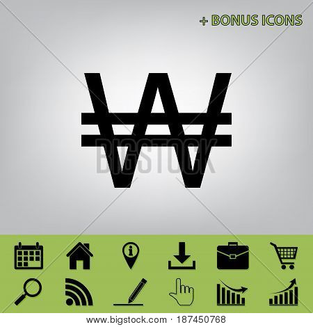 Won sign. Vector. Black icon at gray background with bonus icons at celery ones