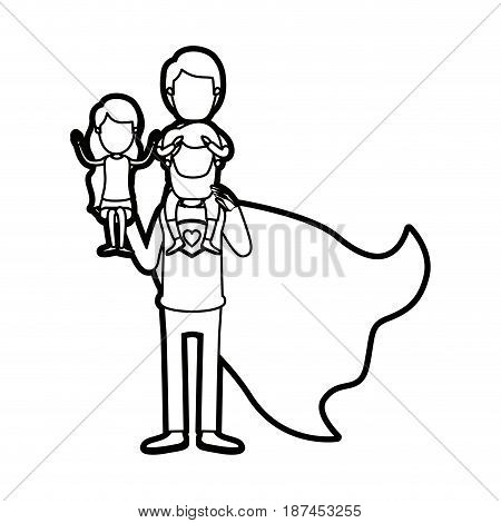 caricature thick contour faceless full body super dad hero with girl on his hand and boy on his back vector illustration