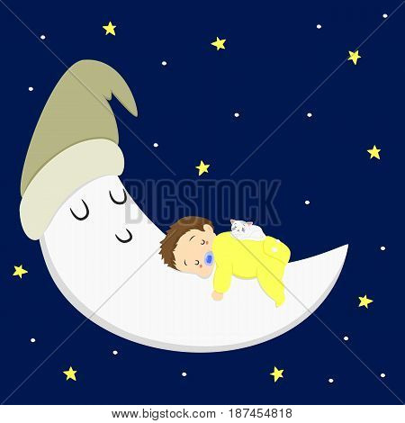 baby boy and white cat sleeping on the moon in starry night